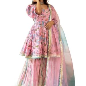 Women Wear 100% Rayon Short Anarkali Kurta Sharara with Dupatta Set for Women and Girls for Wedding (Pink)