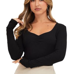 Sweetheart Neck Ruched Front Full Sleeves Ribbed Sweater Tops for Women